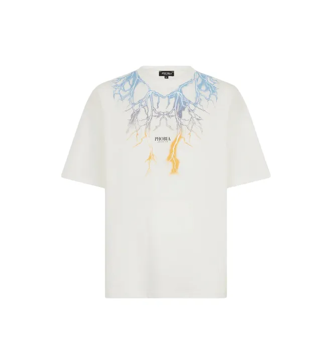 Phobia men's white short sleeve t-shirt PH00543 two-tone blue-yellow lightning print