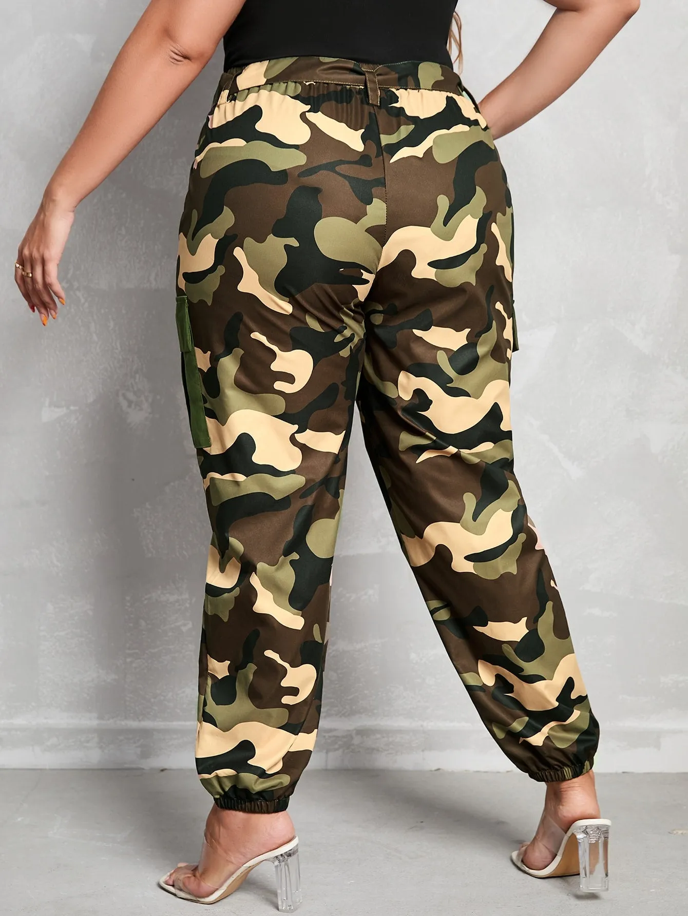 Plus Camo Print Flap Pocket Side Cargo Pants