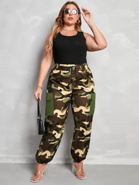 Plus Camo Print Flap Pocket Side Cargo Pants