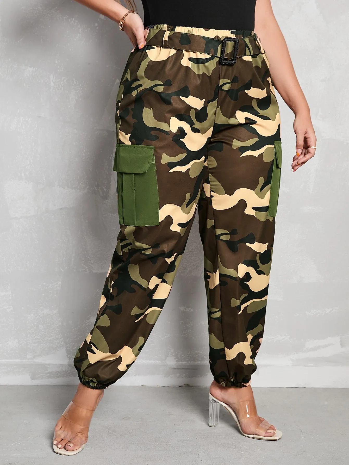 Plus Camo Print Flap Pocket Side Cargo Pants