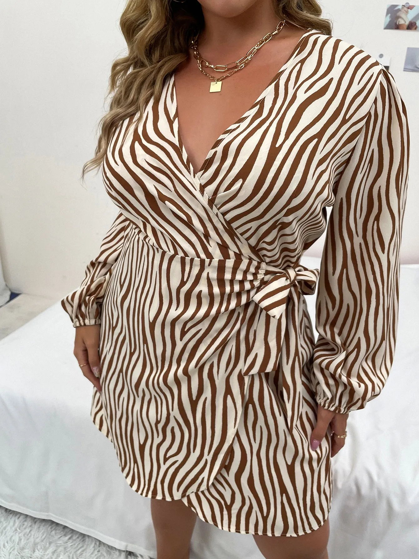 Plus Zebra Stripe Knot Side Wrap Dress