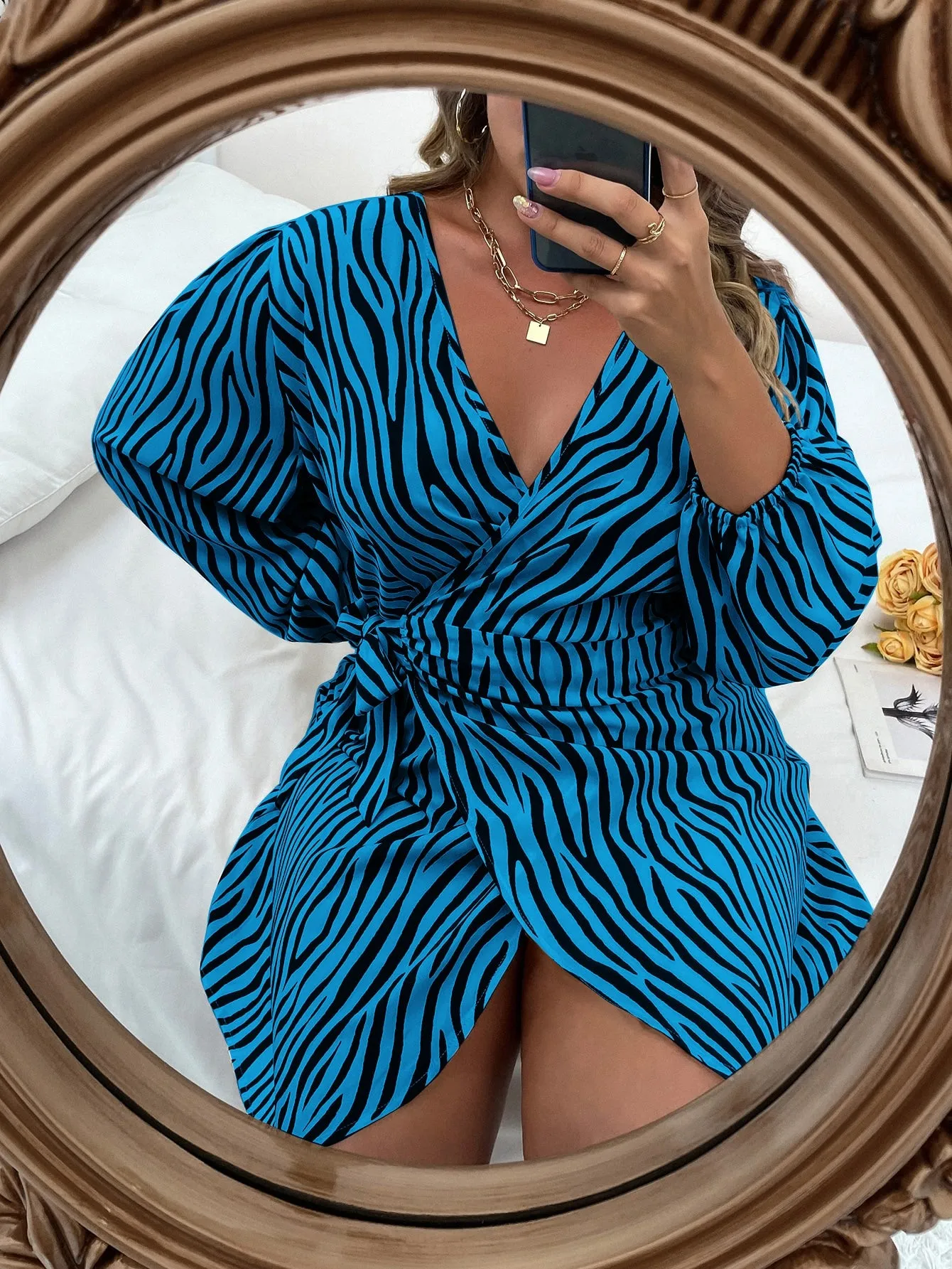 Plus Zebra Stripe Knot Side Wrap Dress