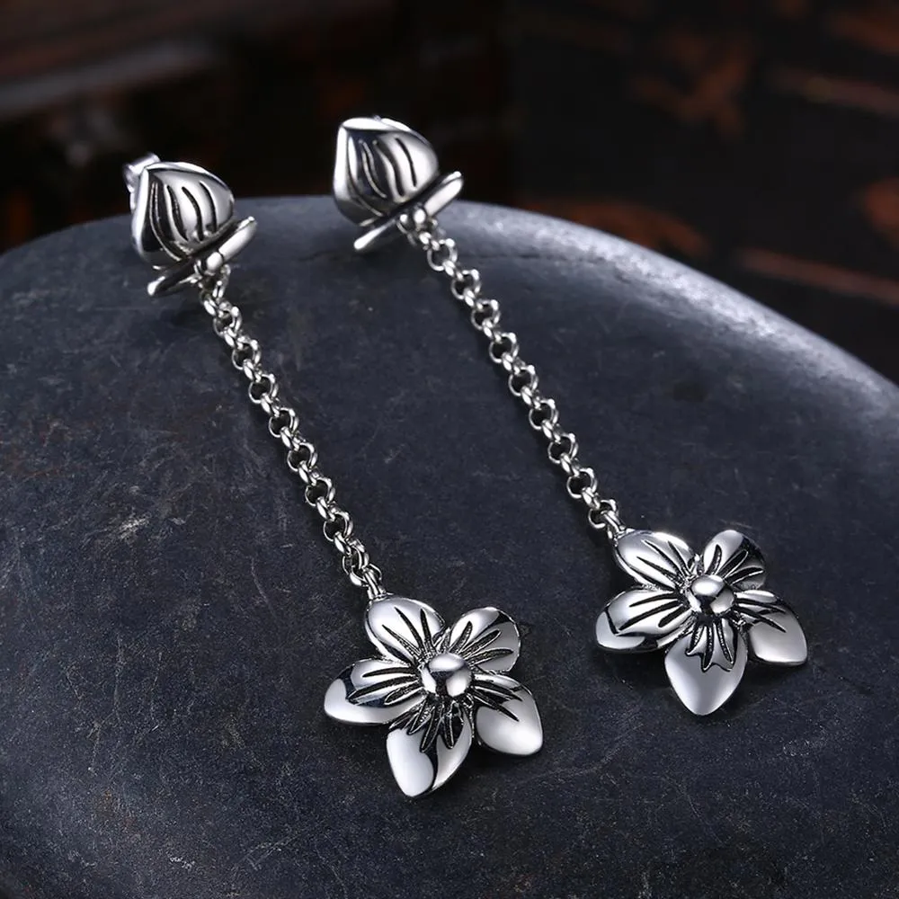 Pretty Flower Long Tassel 925 Sterling Silver Simple Fine Earrings