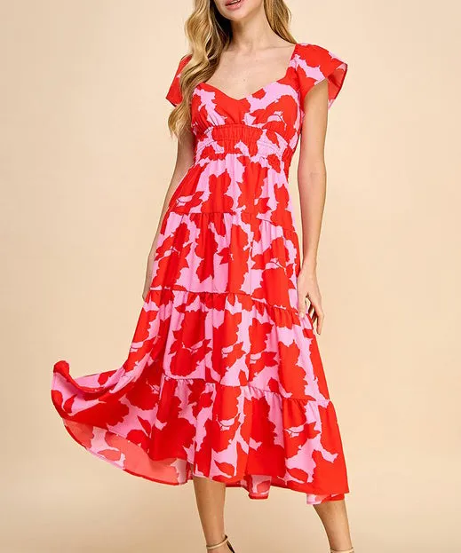 Printed Midi Dress - Red