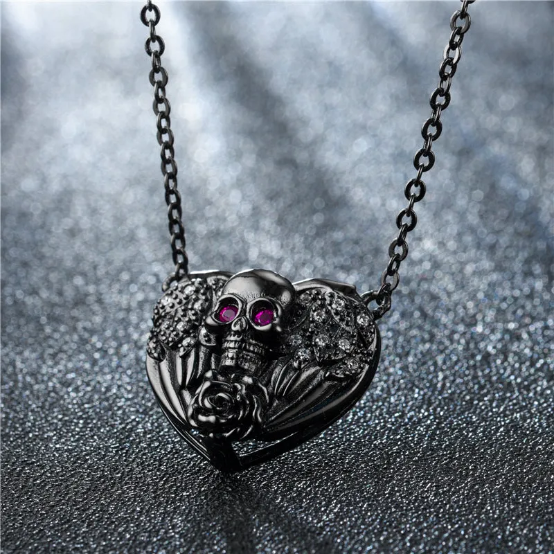 Punk Skull and Crystal Angel Heart Necklace, Bracelet & Ring Wedding Jewelry Set