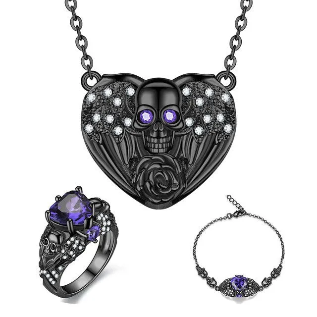 Punk Skull and Crystal Angel Heart Necklace, Bracelet & Ring Wedding Jewelry Set