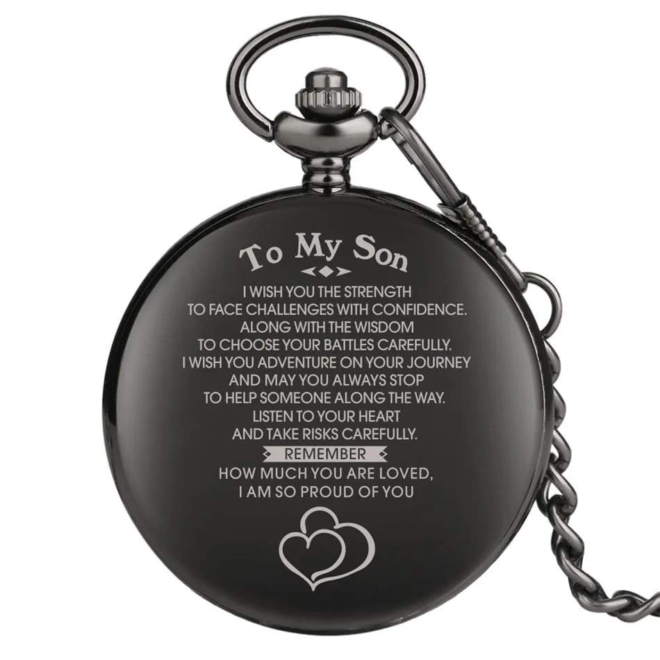 "To My Son" Black Punk Smooth Quartz Pocket Watch