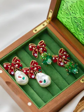 Red Velvet Bow Christmas Tree Pearl Earrings LJC26