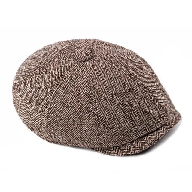 Retro Tweed Herringbone Octagonal Newsboy Cap