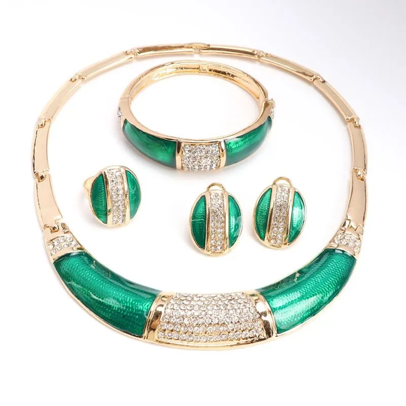 Rhinestone Green Surface Necklace, Bracelet, Earrings & Ring Wedding Statement Jewelry Set