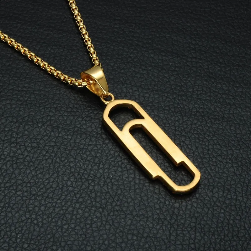 Rhinestone-Studded Gold-Plated Paperclip Bling Stainless Steel Hip-hop Pendant Necklace