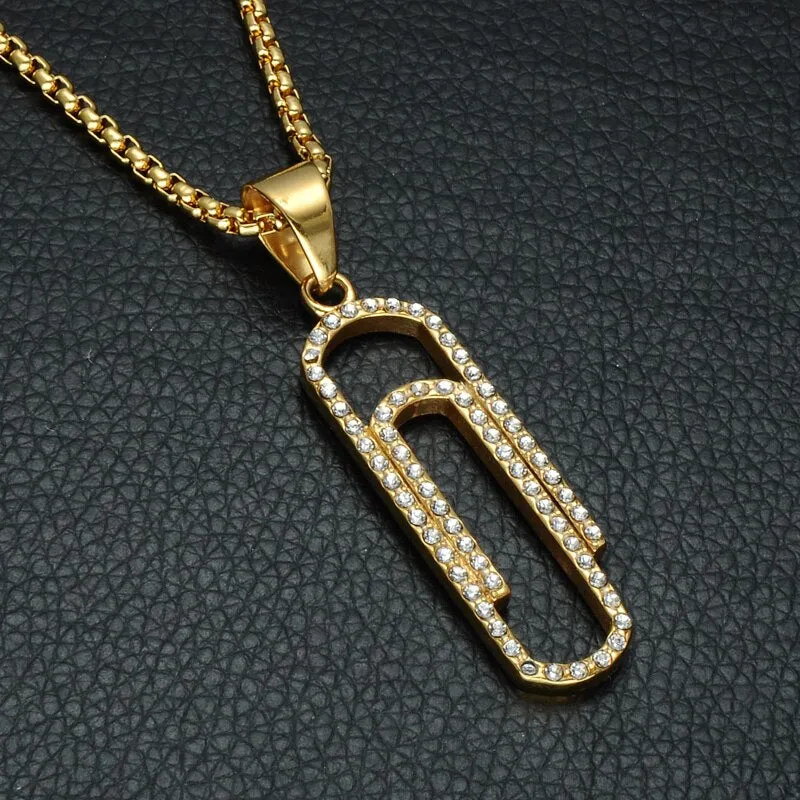 Rhinestone-Studded Gold-Plated Paperclip Bling Stainless Steel Hip-hop Pendant Necklace