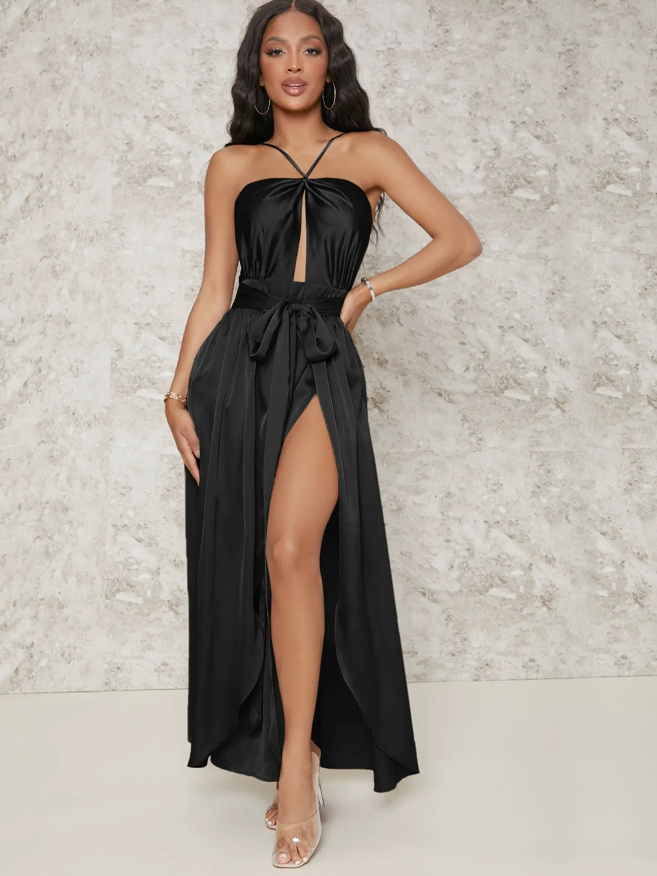 Satin Backless Cut Out Belted Split Thigh Dress