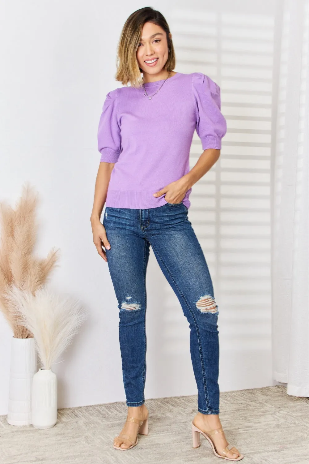 Short Puff Sleeve Knit Top - Plum