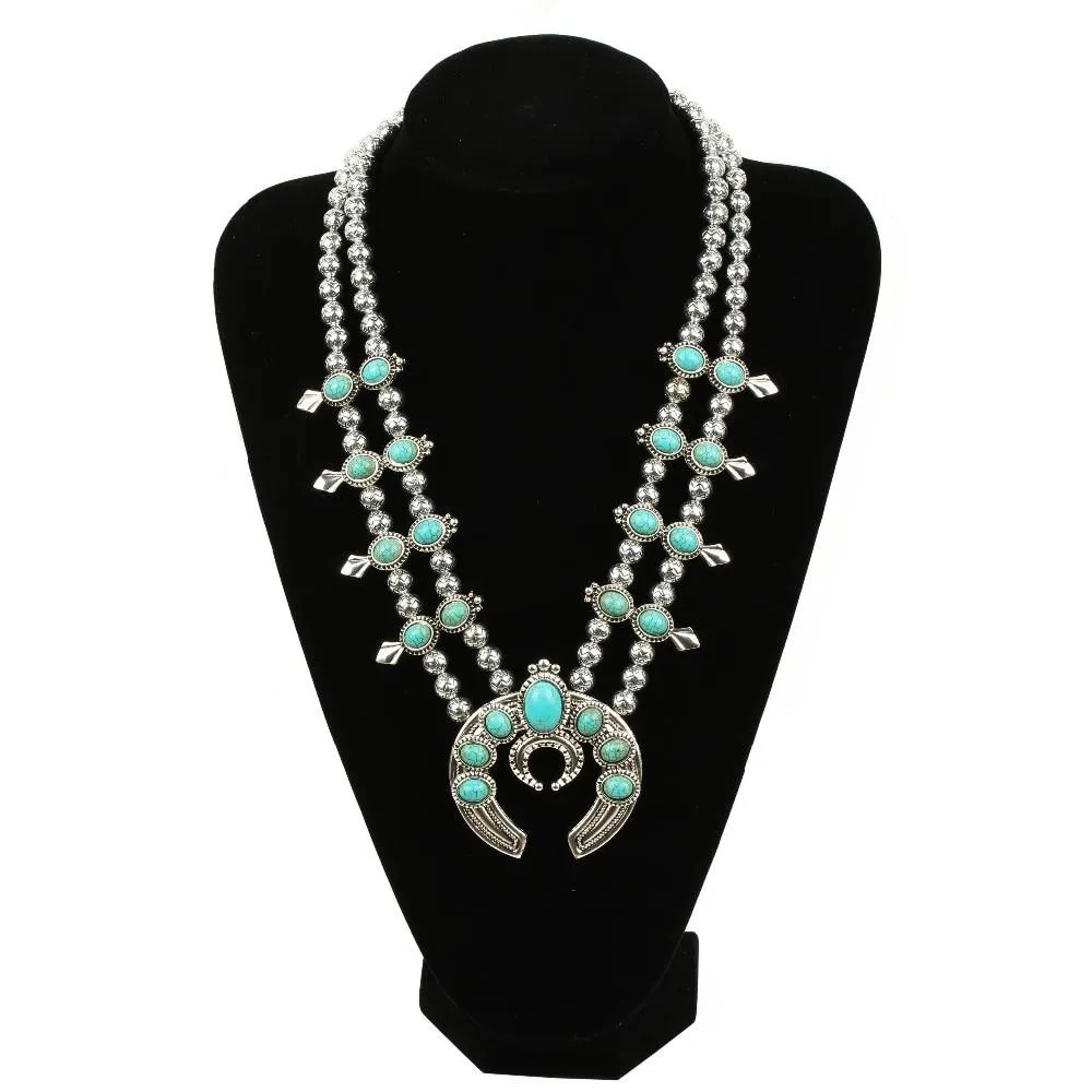 Silver Beaded Stone Double Layer Squash Blossom Statement Necklace