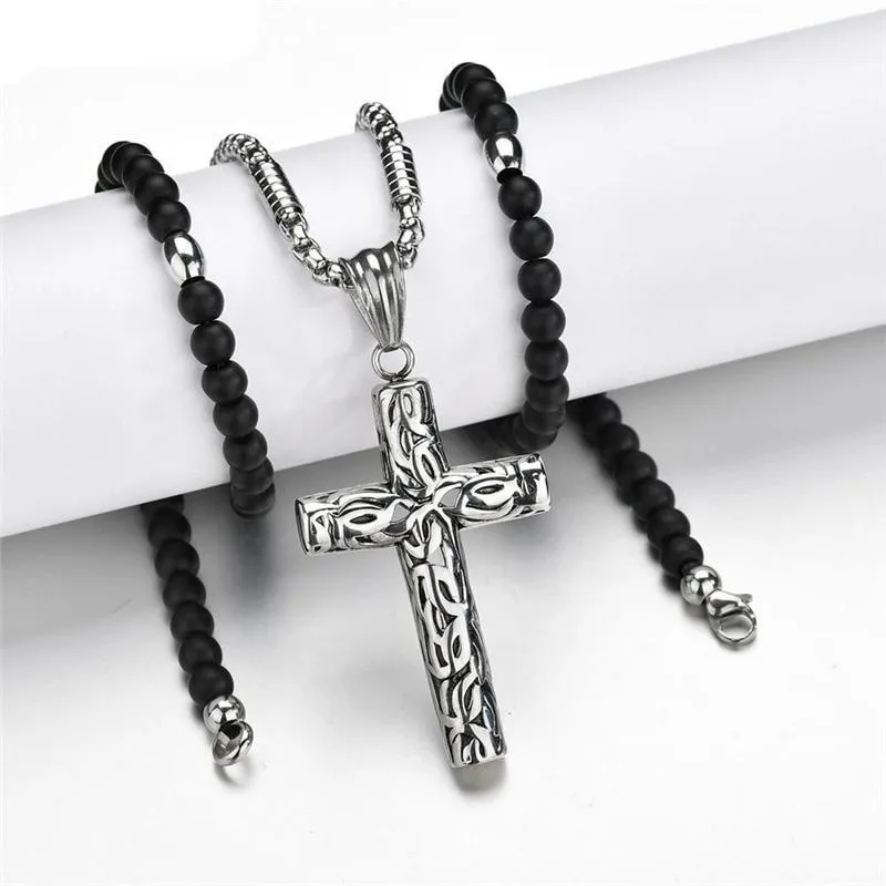 Silver Cross Pendant with Black Hematite Stone Bead Necklace