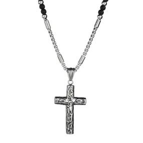 Silver Cross Pendant with Black Hematite Stone Bead Necklace