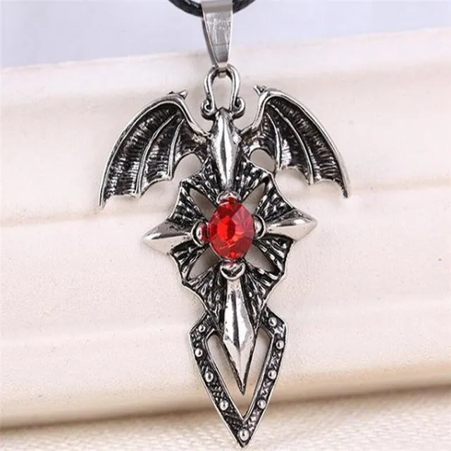 Silver Demonic Winged Sword Cross with Crystal Pendant Necklace