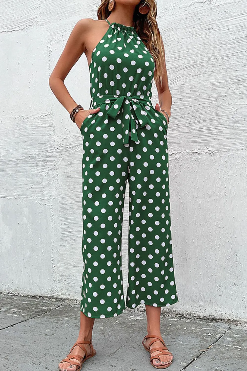 Sunset and Swim Polka Dot Grecian Wide Leg Jumpsuit