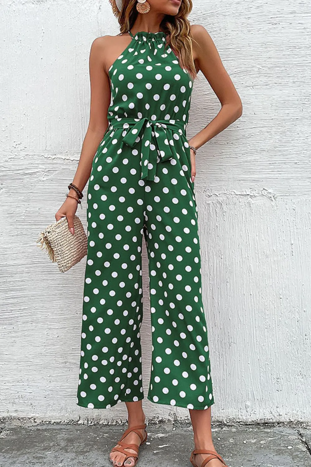 Sunset and Swim Polka Dot Grecian Wide Leg Jumpsuit