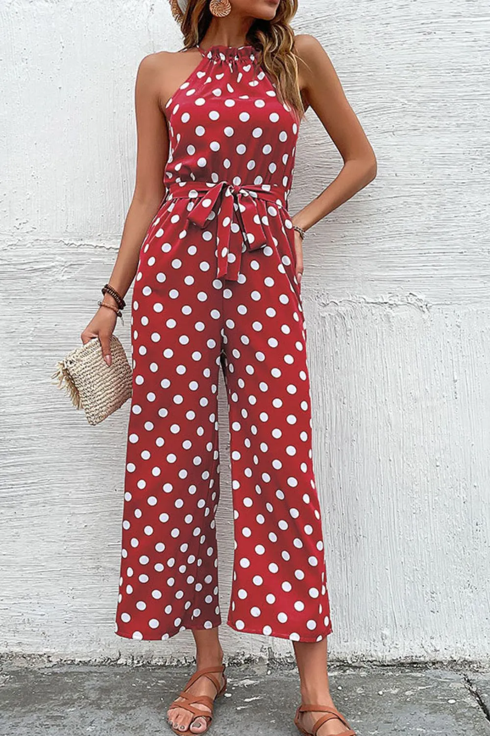 Sunset and Swim Polka Dot Grecian Wide Leg Jumpsuit