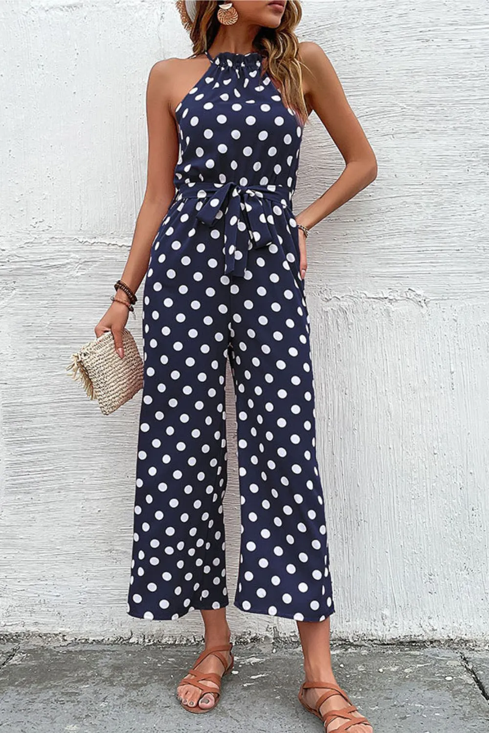 Sunset and Swim Polka Dot Grecian Wide Leg Jumpsuit