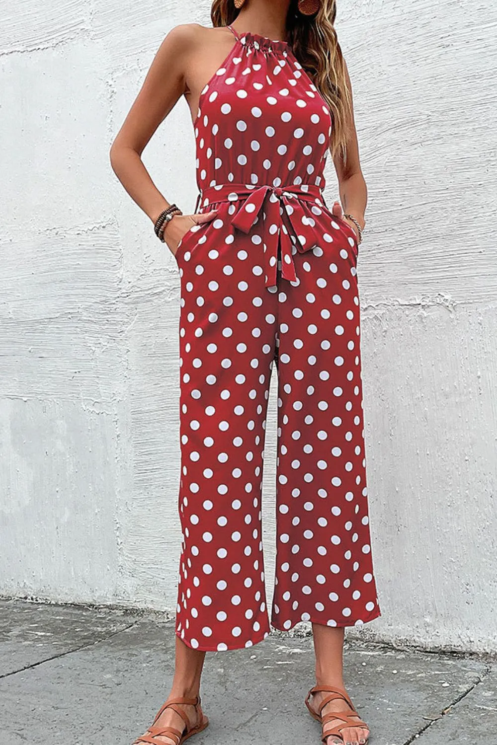 Sunset and Swim Polka Dot Grecian Wide Leg Jumpsuit