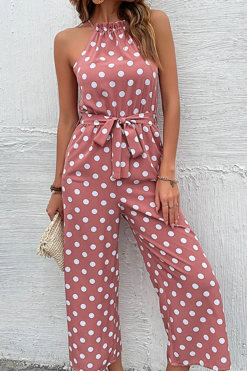 Sunset and Swim Polka Dot Grecian Wide Leg Jumpsuit