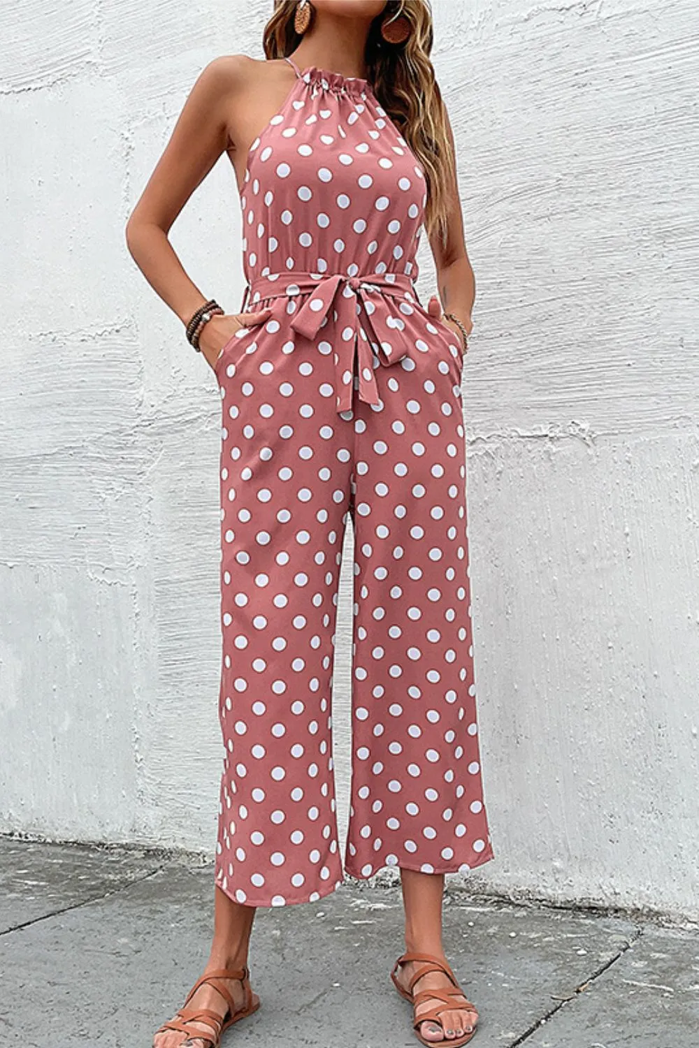 Sunset and Swim Polka Dot Grecian Wide Leg Jumpsuit