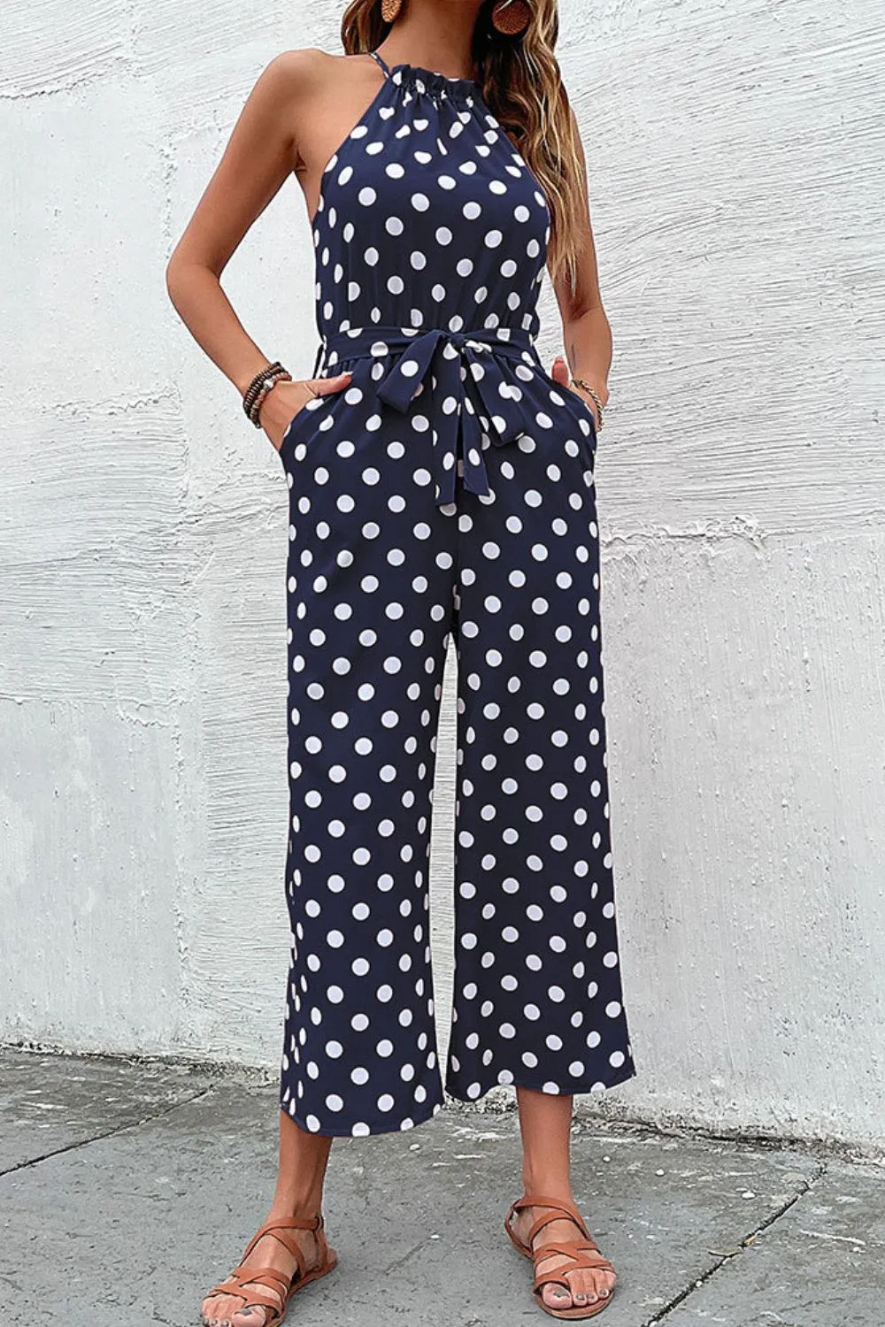 Sunset and Swim Polka Dot Grecian Wide Leg Jumpsuit