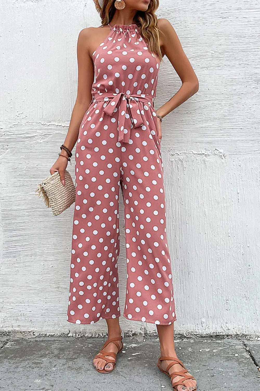 Sunset and Swim Polka Dot Grecian Wide Leg Jumpsuit