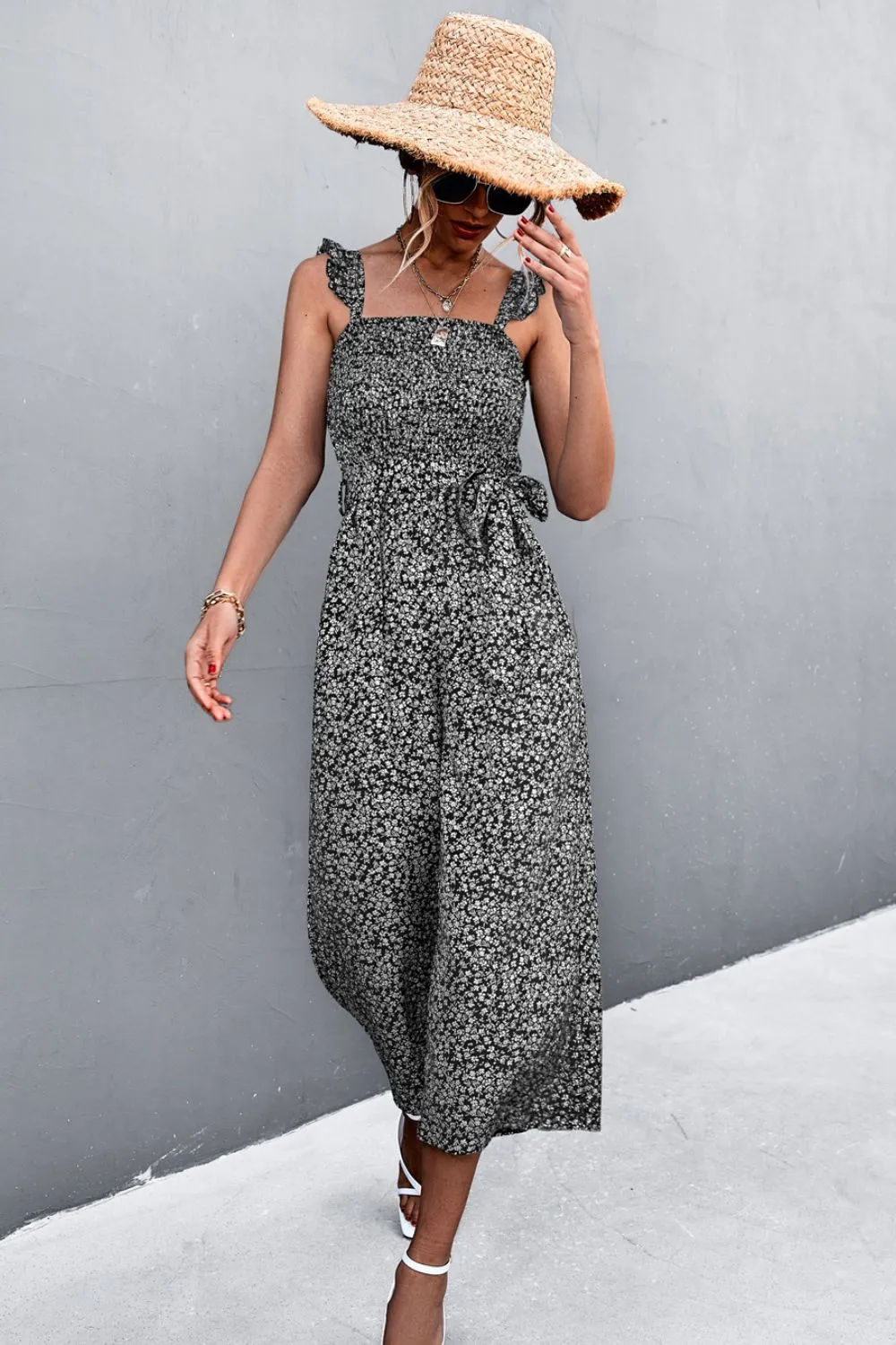 Sunset and Swim Printed Ruffle Strap Smocked Belted Jumpsuit