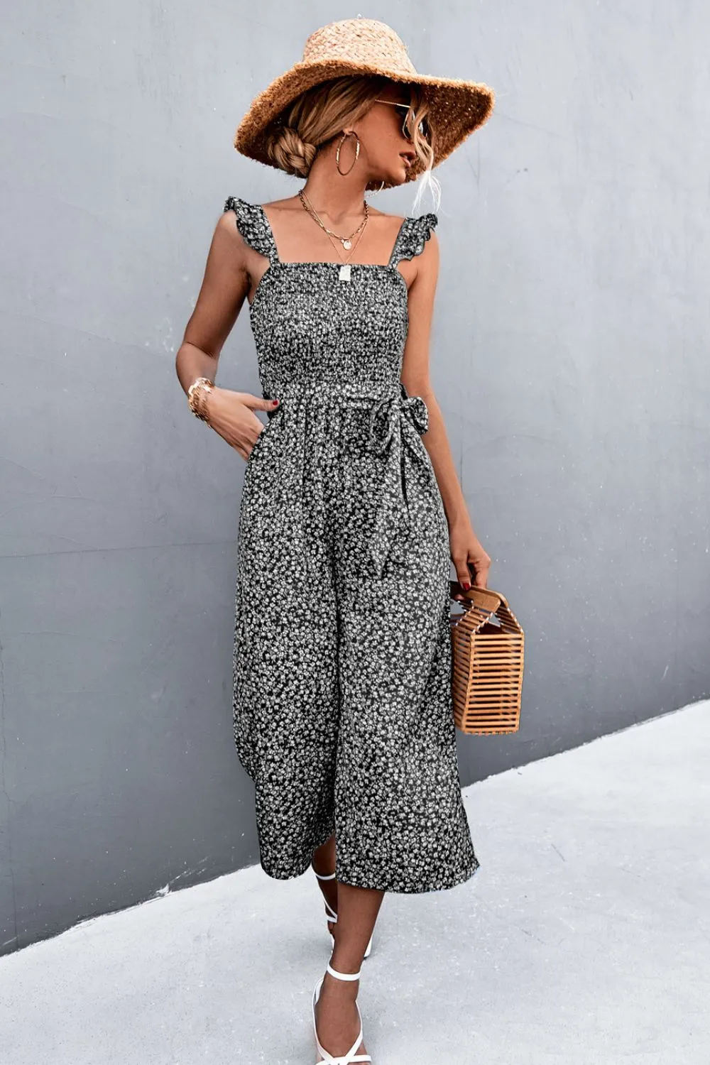 Sunset and Swim Printed Ruffle Strap Smocked Belted Jumpsuit