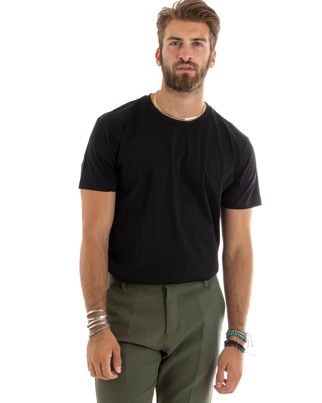 T-shirt Uomo Filo Di Scozia Basic Leggera Tinta Unita Nero Girocollo Casual GIOSAL-TS2979A