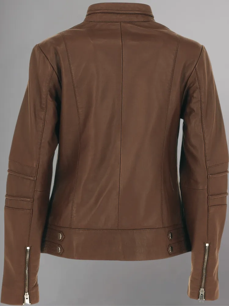 Tan Brown Women Biker Leather Jacket