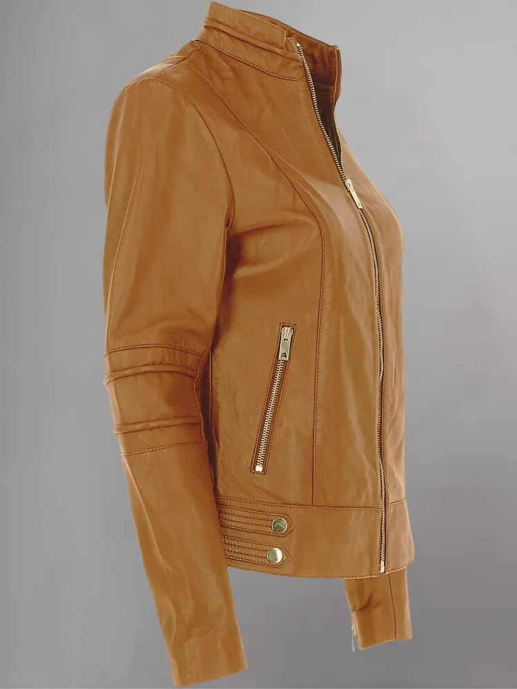 Tan Brown Women Biker Leather Jacket