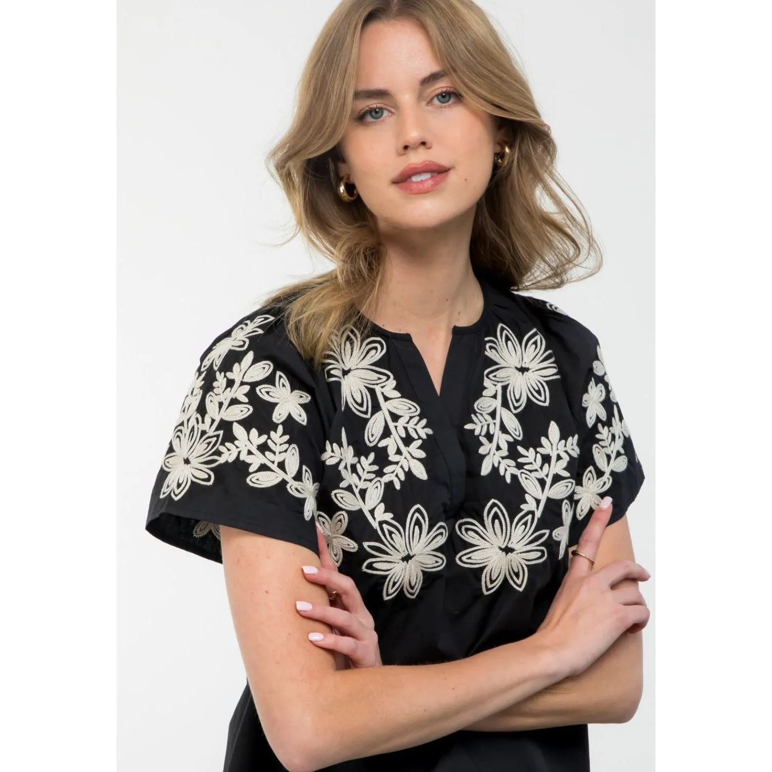 Taylor Black Floral Embroidered THML Top