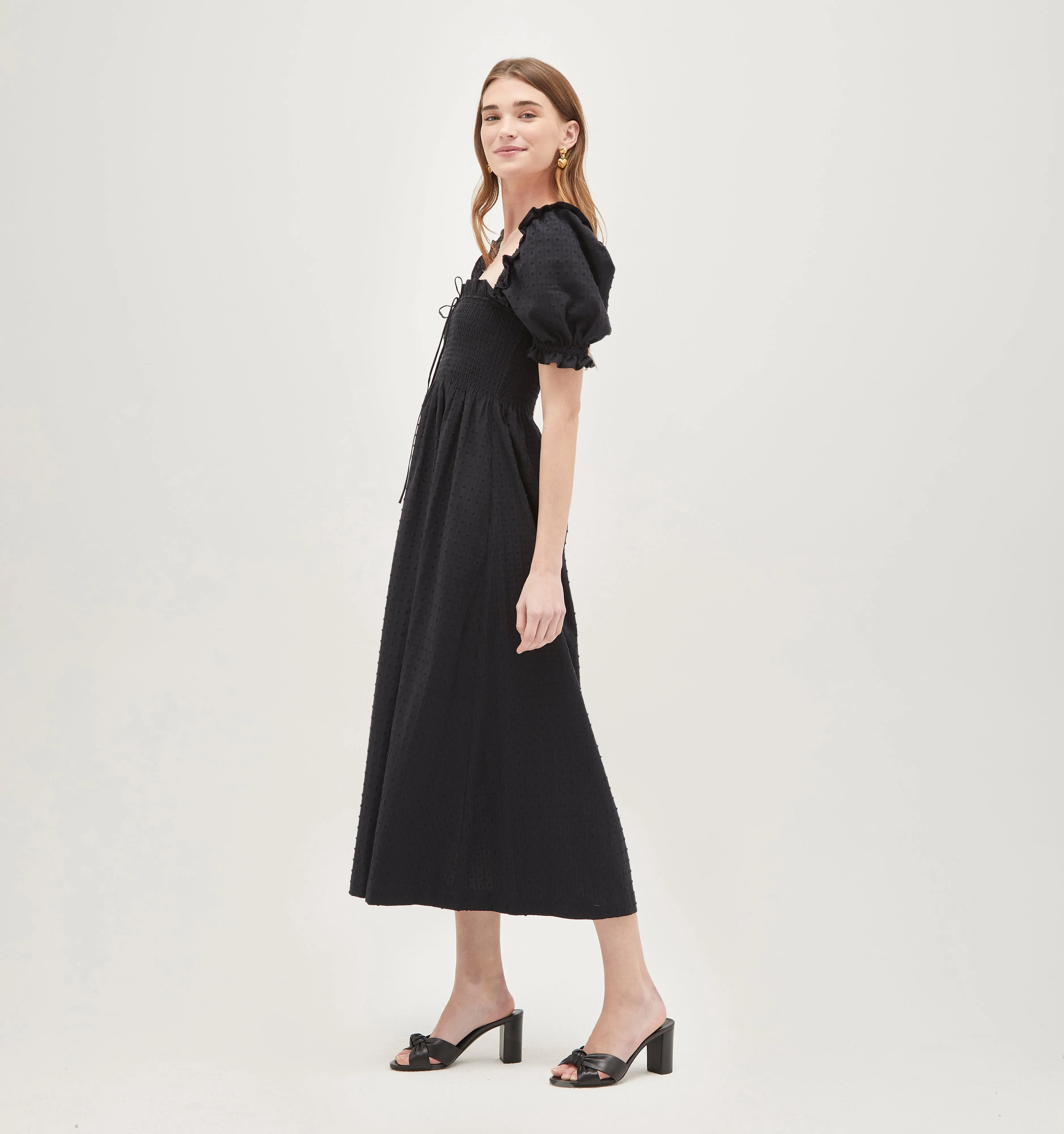 The Scarlett Midi Nap Dress - Black Textured Clip Dot