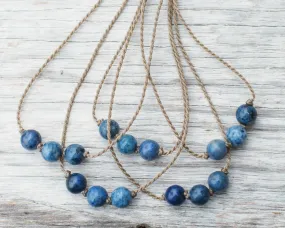 Triple Knotted Necklace-1299- Blue Dumortierite Round Medium