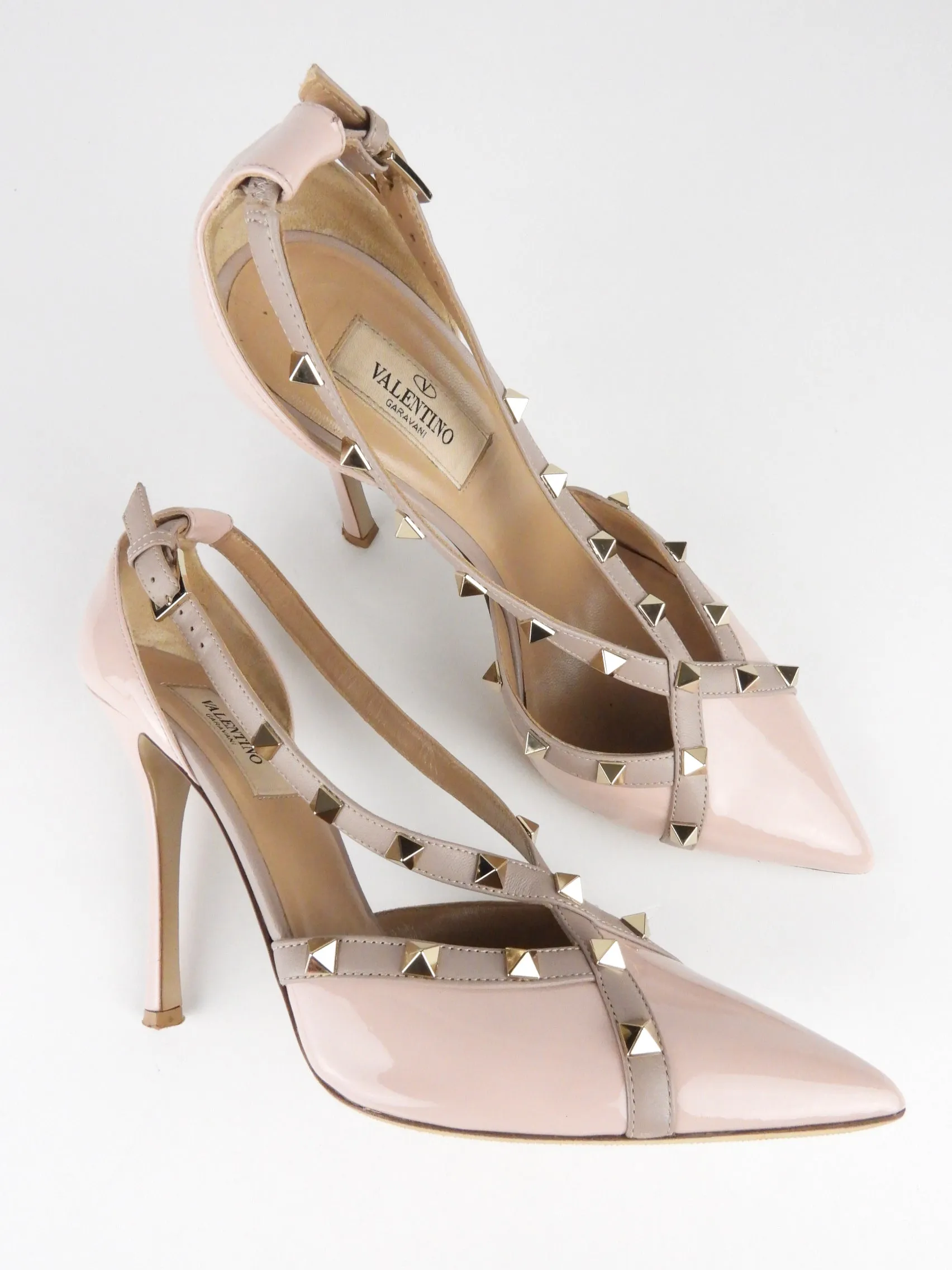 Valentino Blush Pink and Taupe Patent Leather Rockstud Stiletto Heel Pumps - 38.5