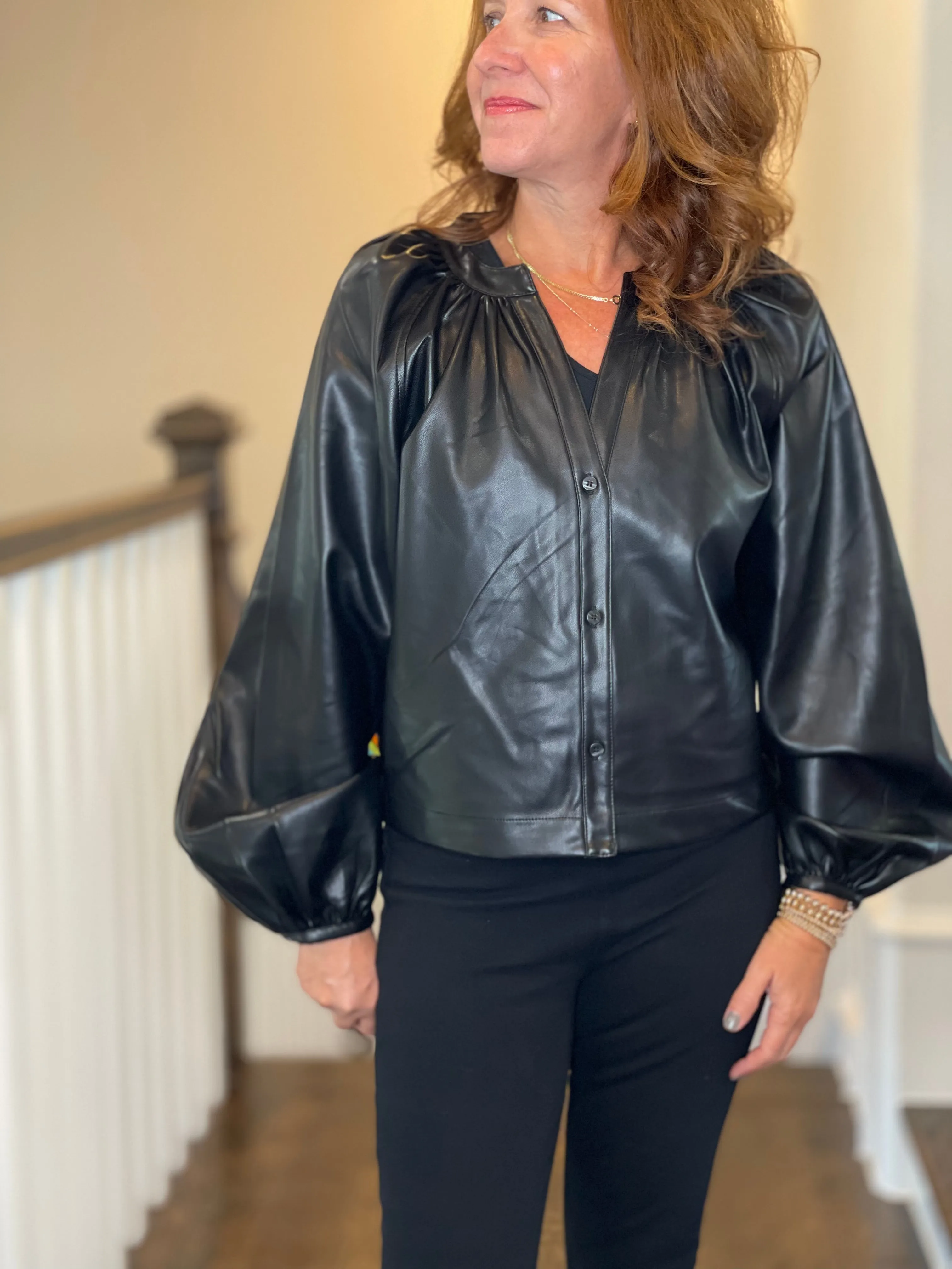 Vegan Leather Button Down Peasant Top in Black