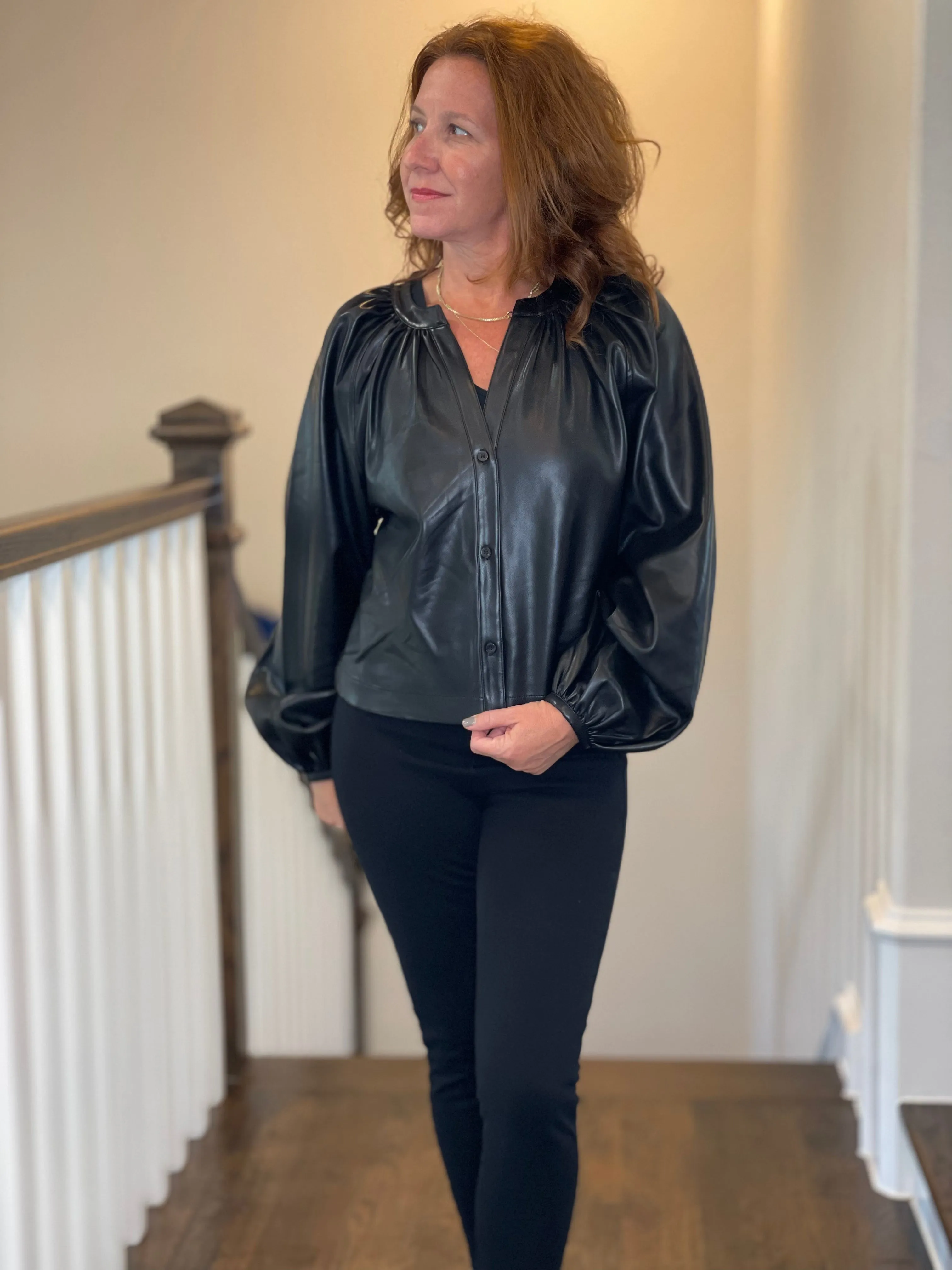 Vegan Leather Button Down Peasant Top in Black