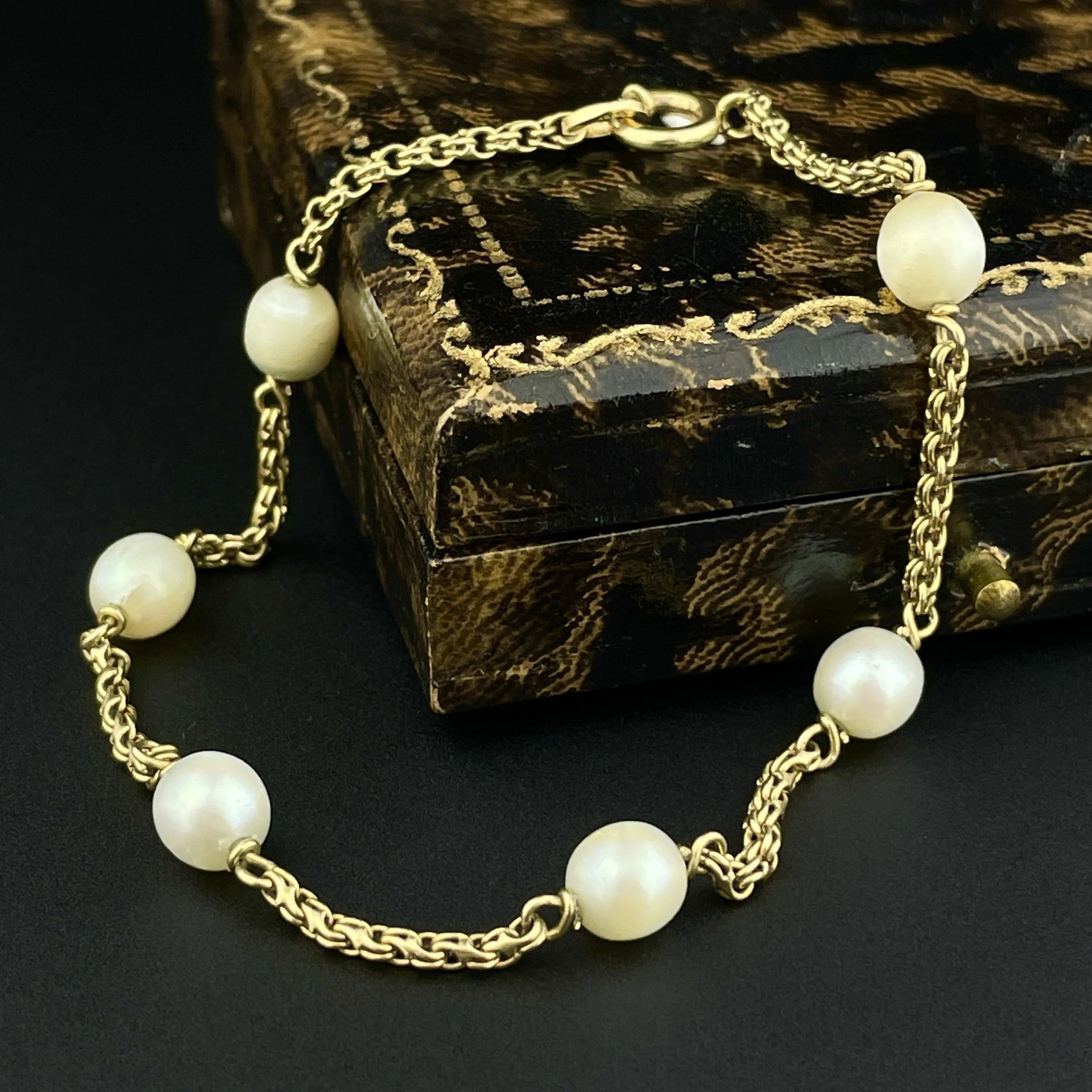 Vintage 10K Gold Pearl Tin Cup Chain Bracelet