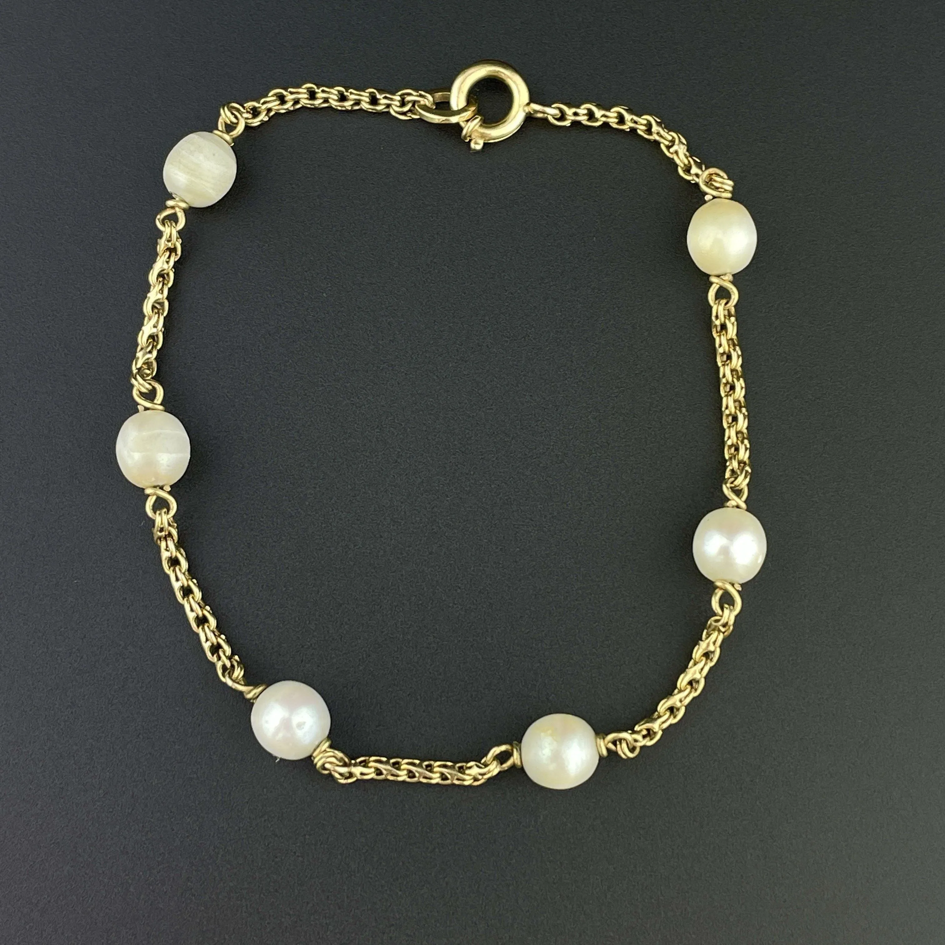 Vintage 10K Gold Pearl Tin Cup Chain Bracelet