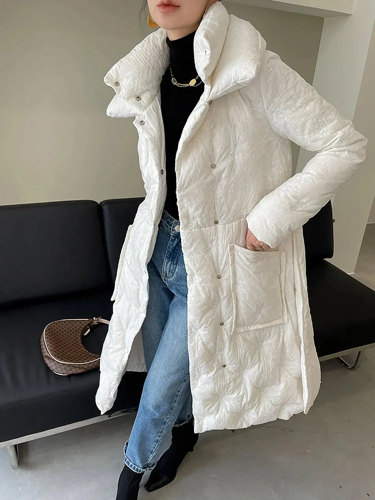 White embroidery Down Coat,Belted Down Feather Puffer Coat,White Long Down Jacket,Warm Winter coat,Warm Puffy Coat,Down Jacket,Vivian7 C106