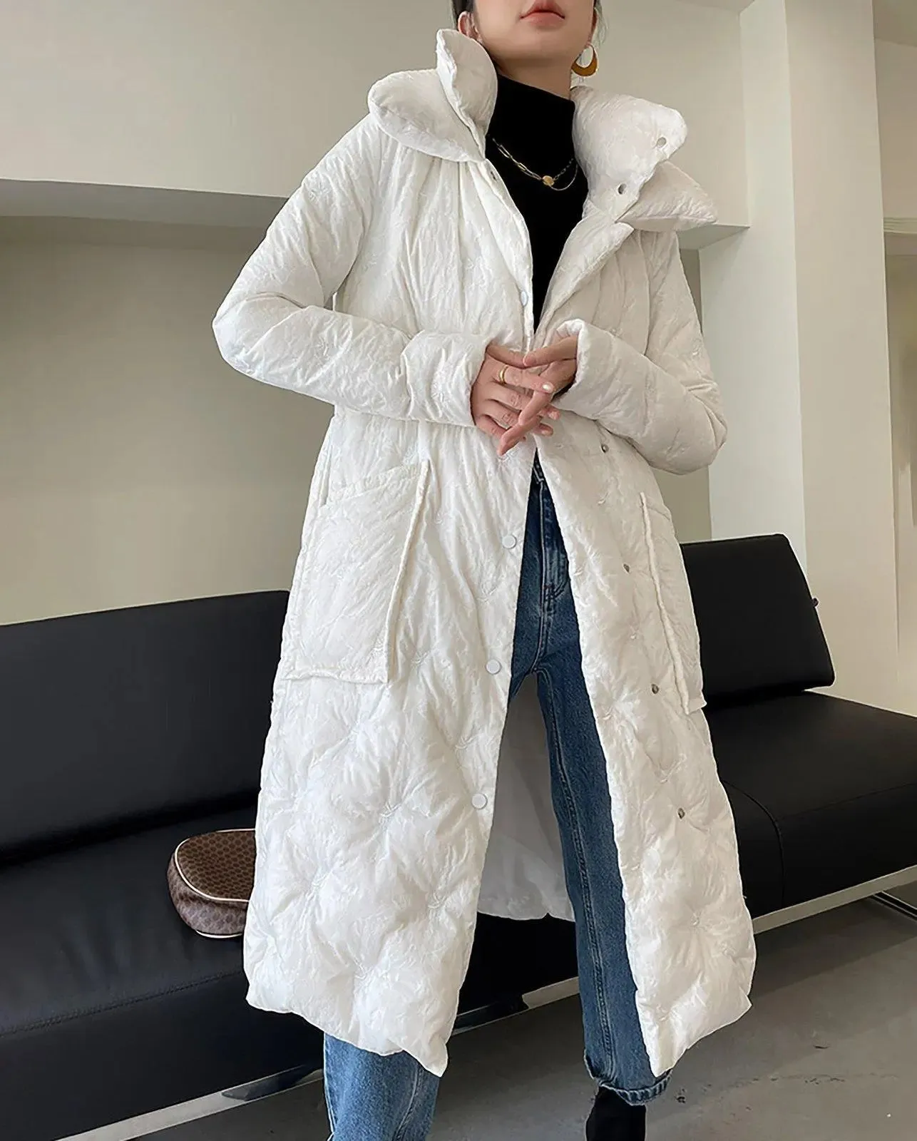 White embroidery Down Coat,Belted Down Feather Puffer Coat,White Long Down Jacket,Warm Winter coat,Warm Puffy Coat,Down Jacket,Vivian7 C106