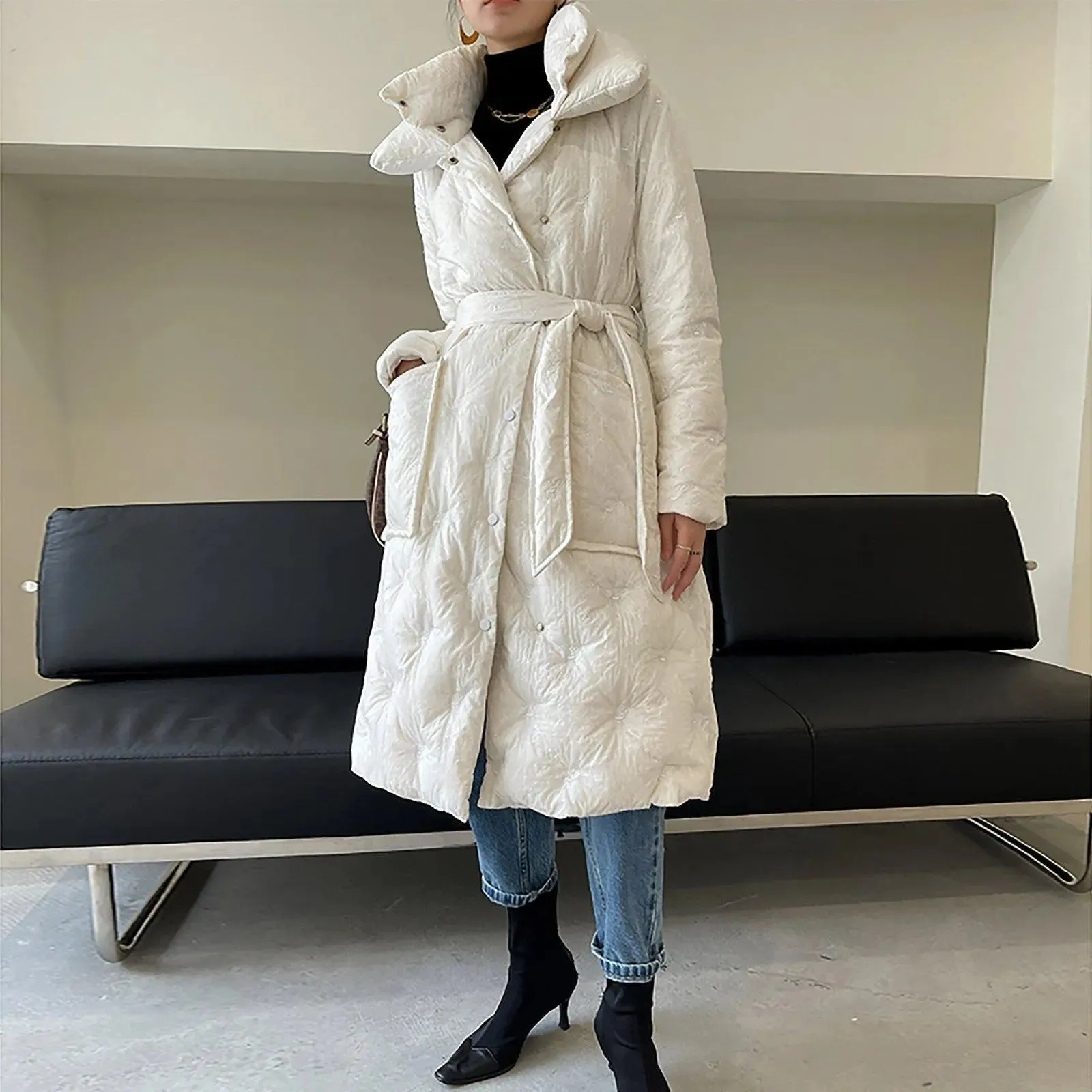 White embroidery Down Coat,Belted Down Feather Puffer Coat,White Long Down Jacket,Warm Winter coat,Warm Puffy Coat,Down Jacket,Vivian7 C106