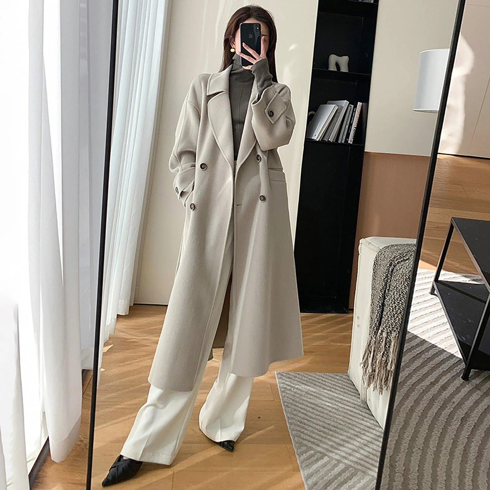 Women Double faced Wool Long Coat,Orange Long Wool Coat,Belted Wool Overcoat,Grey Wool Long Coat,Winter Coat Women,Oversize Maxi Wool Coat