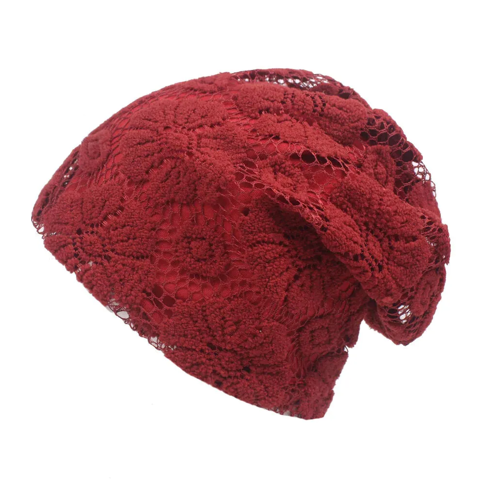 Women Flowers Lace Breathable Beanie Hat Comfortable Soild Color Sunshade Hat