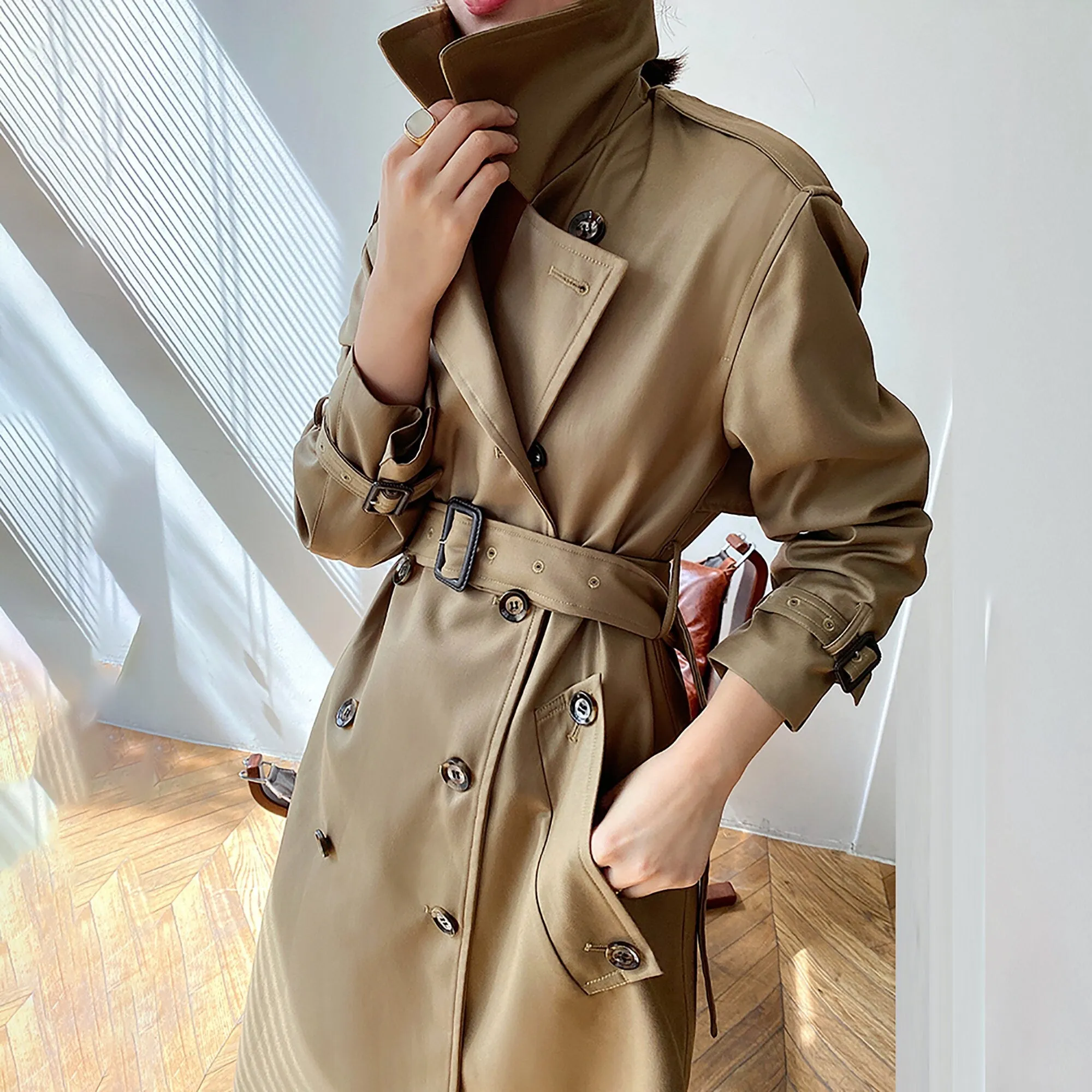 Women's Cotton Blend Windbreaker Belted Double Breasted Trench Coat,Fall Coat Long Raincoat,Green Duster coat Khaki Tench Coat Outerwear